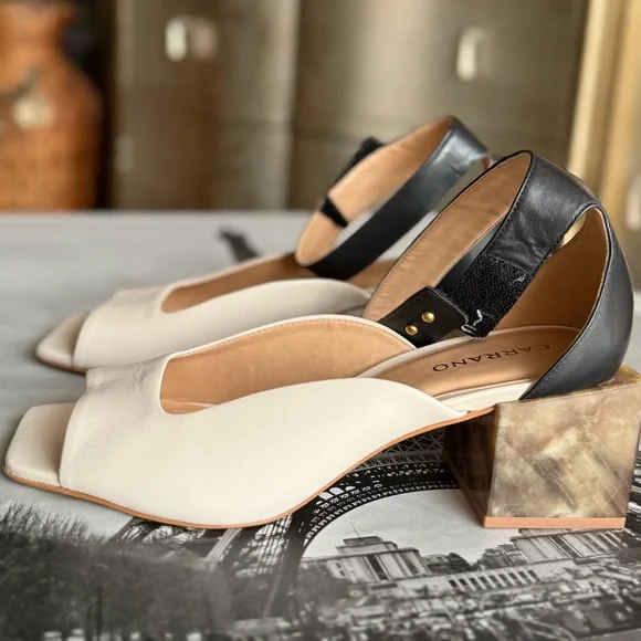 Unique leather sandals with square heels velcro closure marble heel - Picture 7 of 10